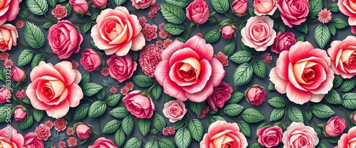 Intricate, continuous blooming rose and vine pattern, vintage, decorative