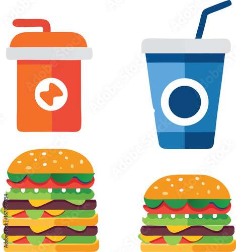 A colorful fast food icon of a delicious cheeseburger with sesame seed buns, beef, cheese, and fresh vegetables for a tasty meal