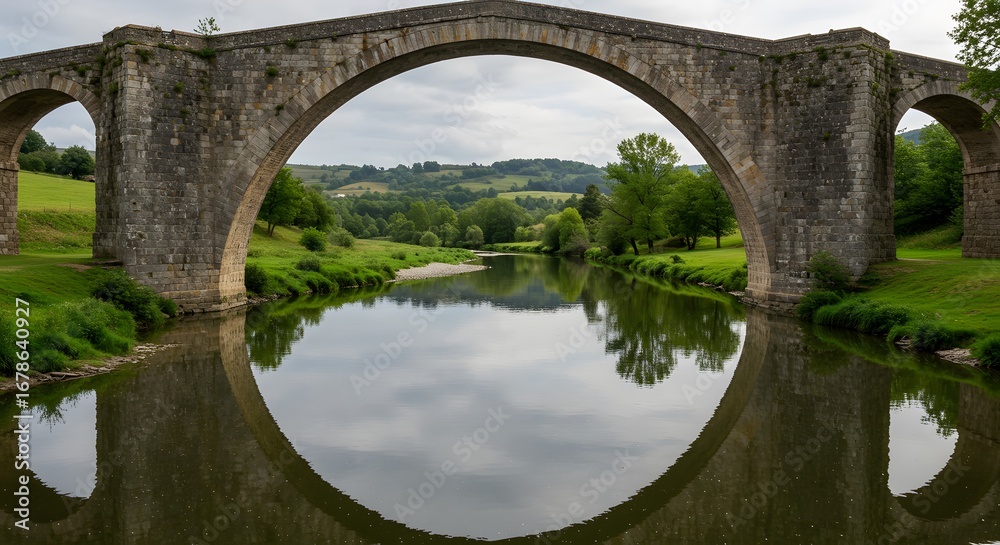 Fototapeta premium Stone arch bridge over river reflection