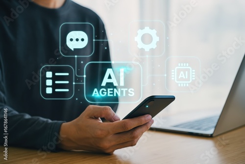 A person interacts with a smartphone displaying a graphical user interface, showcasing an artificial intelligence agent interface, complete with icons for communication, organization, and processing.