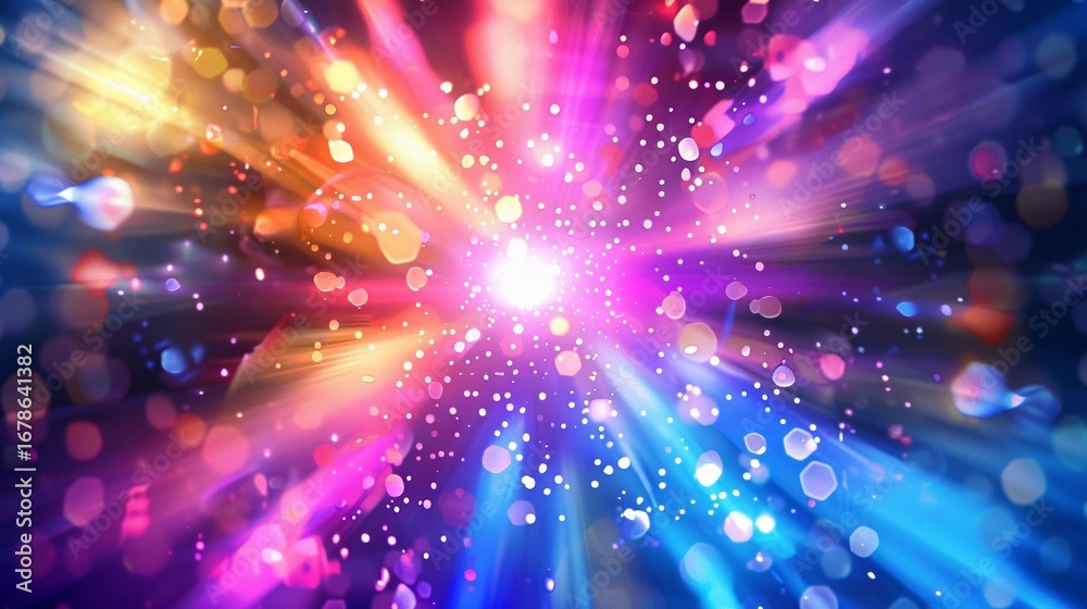 Fototapeta premium Disco light explosion, spotlight center, spiral light beam, vibrant color.