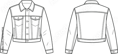 Cropped denim jacket technical flat sketch, front and back view, fashion CAD drawing template for apparel design, unisex outerwear vector illustration