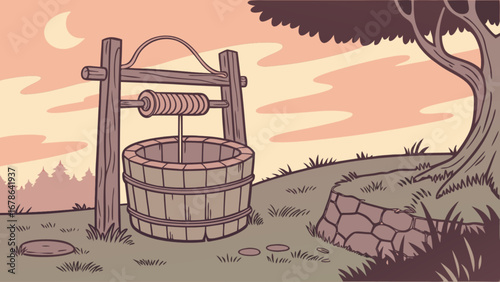 Cartoon well drawing vector art illustration rural scene water source landscape design graphic for print and web use