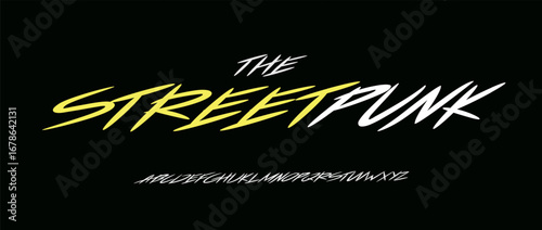 Cyber punk font, edgy slanted alphabet, fast street lettering, brush letters for rebellious graffiti type, skate park logo, youthful tee print typography, expressive typographic design.Vector typeset.