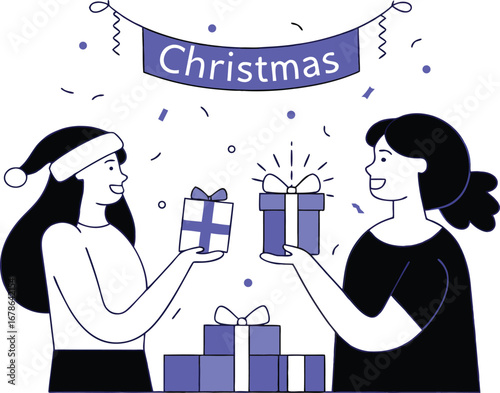 Two women exchanging christmas gifts, celebrating the holiday season with joy and happiness