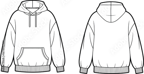 Hoodie flat sketch vector with kangaroo pocket, drawstring hood, ribbed cuffs and hem, casual streetwear design CAD