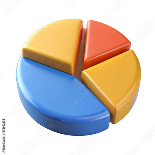 Colorful 3d pie chart with four segments representing data analysis and statistics isolated on transparent background