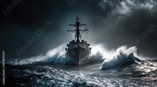 Dark warship battles stormy sea