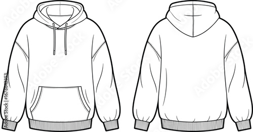 Hoodie vector flat sketch with kangaroo pocket, drawstring hood, ribbed cuffs and hem, casual fashion CAD design