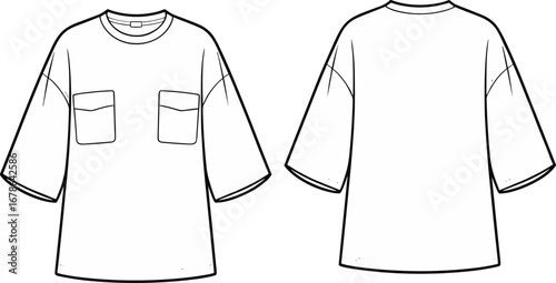 Oversized t-shirt vector flat sketch with two flap chest pockets, casual fashion CAD template for apparel design