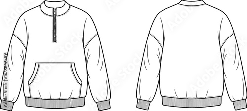 Pullover sweatshirt vector flat sketch, front and back views, casual fashion CAD template for apparel design