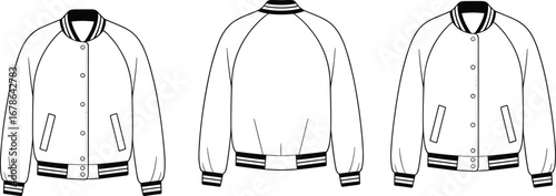 Varsity bomber jacket vector flat sketch, front back and side views, fashion CAD template for casual outerwear design, unisex streetwear apparel