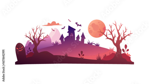 Halloween night landscape vector illustration with haunted house and spooky ghost tombstone scene design