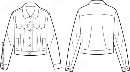 Vector denim jacket flat sketch, front and back technical drawing, fashion garment CAD template, casual unisex outerwear design for clothing designers