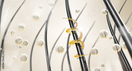 Obraz na plátně Black shiny hair with gold liquid spiral and oil bubbles
