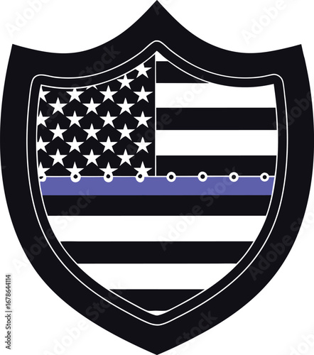 Thin blue line police shield badge with american flag to honor law enforcement officers