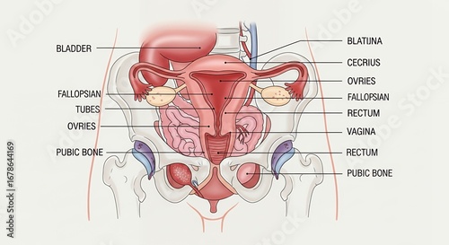 Detailed diagram showcasing the female reproductive system for educational purposes, medical training, and health awareness
