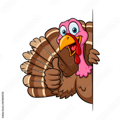 Happy cartoon turkey character giving a thumbs up while peeking from behind a white sign