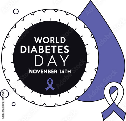 World diabetes day awareness poster with blue ribbon and simple graphic design and a drop