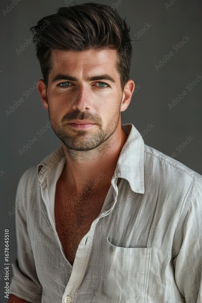 Fototapeta premium Closeup of man with short dark hair and trimmed beard indoors