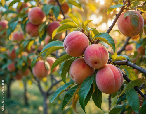 Golden hour glow illuminates a bountiful peach tree laden with luscious, fresh fruit, symbolizing summer's sweet bounty and natural abundance