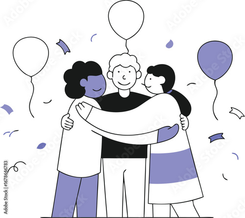 Group of friends hugging and celebrating, representing joy, togetherness, and friendship