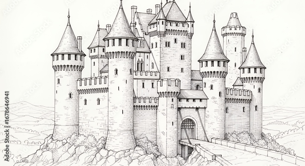 Obraz premium Majestic medieval castle detailed line drawing on hill with bridge and rolling landscape