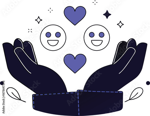 Hands holding hearts and smiling faces, symbolizing happiness, joy, and positivity