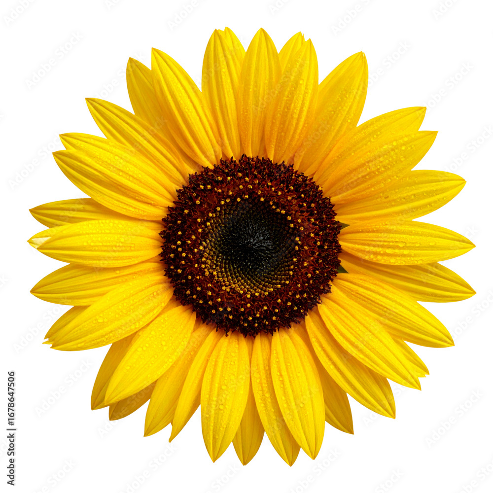 Fototapeta premium Beautiful single sunflower on a white background with bright yellow petals, a perfect image of summer nature