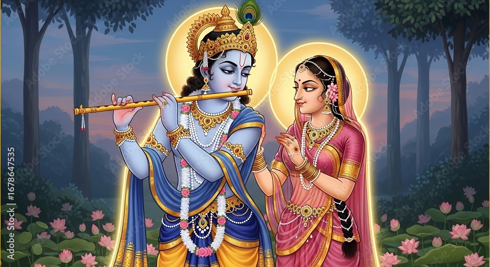 Fototapeta premium Divine Krishna plays flute for Radha amidst blooming lotuses and enchanting forest glow