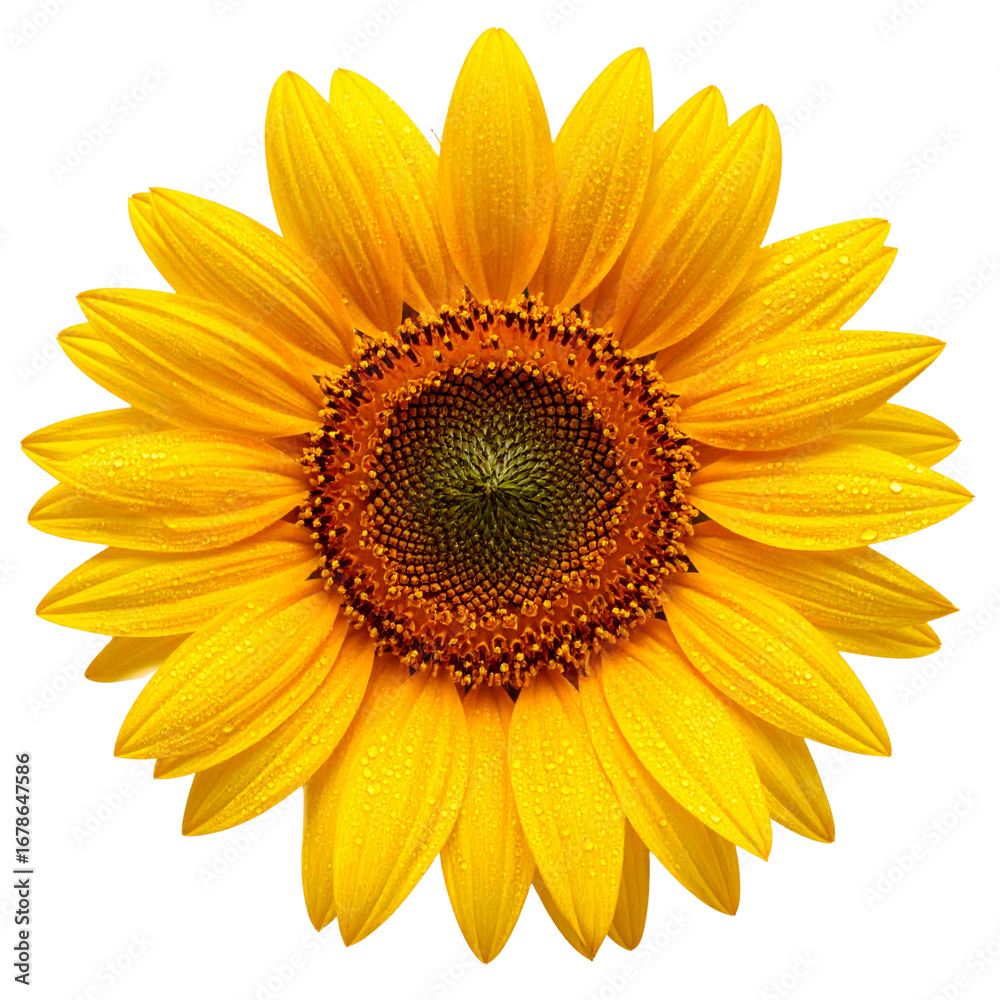 Fototapeta premium Beautiful single sunflower on a white background with bright yellow petals, a perfect image of summer nature