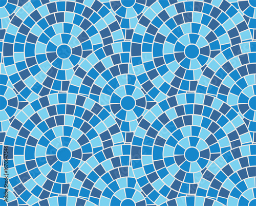 Greek Mosaic Pattern. Sea blue tile background. Rome ocean ornament circle motif. Ceramic marble floor abstract. Wave radial pattern illustration.