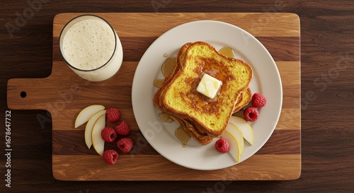 A delicious homemade breakfast of golden French toast topped with butter and syrup, served with fresh fruit and a drink on a wooden board