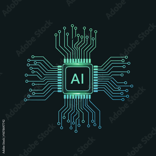 Stylized glowing green circuit board with a central AI chip, representing artificial intelligence technology and innovation.