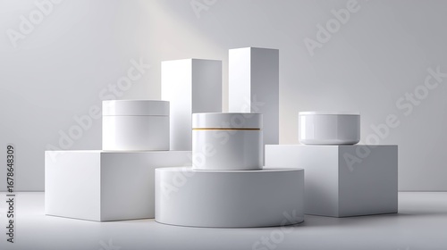 White cosmetic product containers on platforms