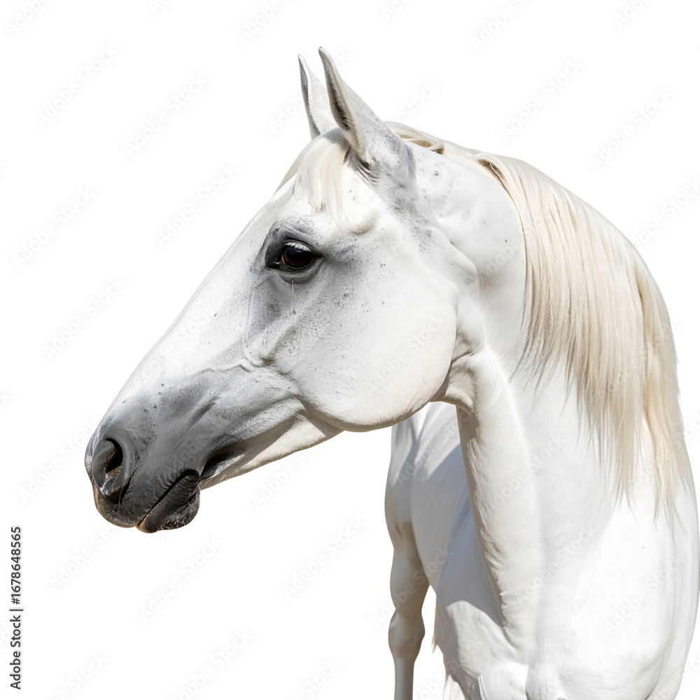 Fototapeta premium A brown horse's head with a long white mane in a field