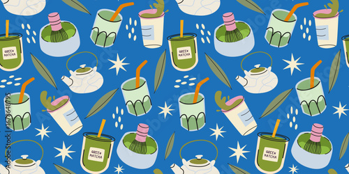 Doodle green matcha latte vector seamless pattern. Cartoon healthy drink background for wallpaper, wrapping, packing, textile, print. Hand drawn illustration