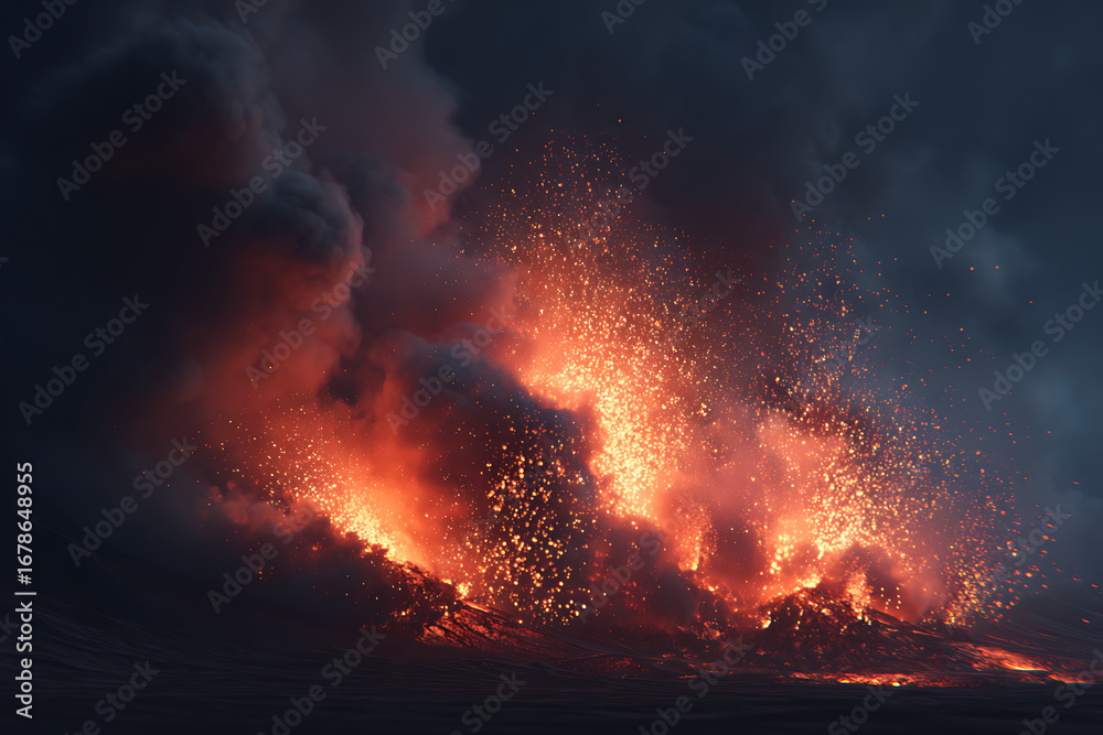 Fototapeta premium Dynamic volcanic eruption with fiery lava and billowing smoke against a dramatic dark sky, perfect for impactful visuals