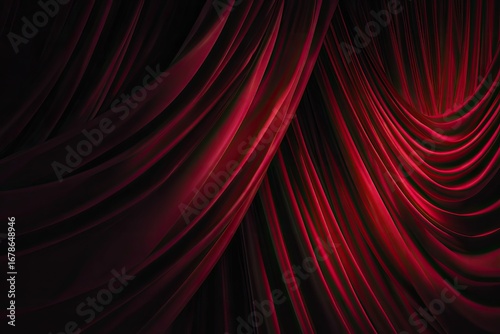 Deep crimson drapes, dramatic folds and shadows