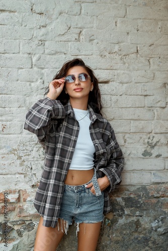 Stylish young woman in sunglasses and plaid shirt posing outdoors.