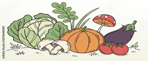 A colorful assortment of fresh vegetables including cabbage, pumpkin, eggplant, mushrooms, and tomatoes arranged artistically on a light background.