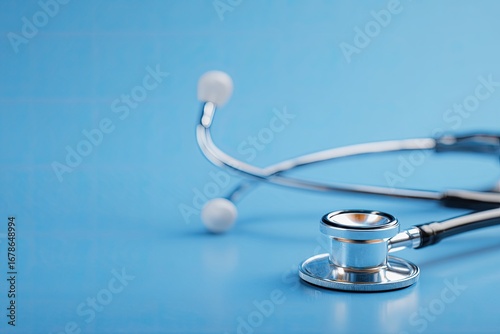 Medical stethoscope on a light-blue surface