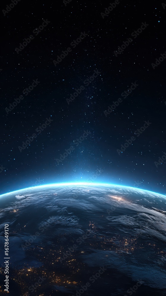 Fototapeta premium Rotating globe revealing luminous city lights, glimmering solar reflections across dark cosmic expanse, presenting mesmerizing planetary perspective from outer space