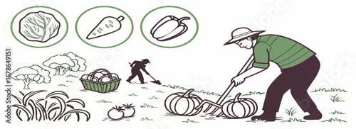Illustration of a farmer harvesting pumpkins with tools among lush crops in a garden, showcasing agricultural work and dedication.
