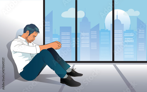 Depressed businessman sits against a wall and looks down at floor. vector,illustration