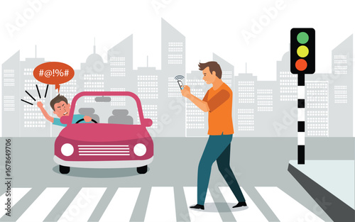 Man looking at mobile phone at crosswalk and car driver get angry in flat design. Pedestrian road accident.vector,illustration