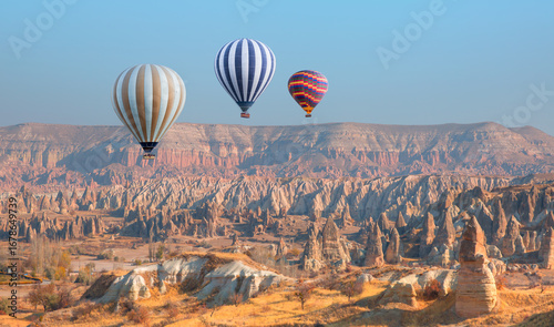 Photography Hot air balloon flying over fairy chimneys and rock landscape at Cappadocia, Tur