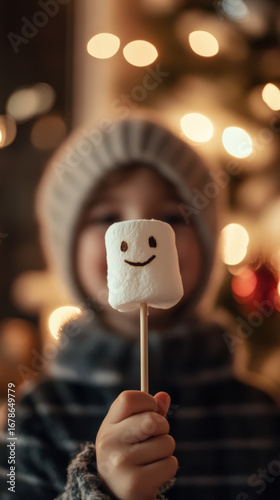 Smiling marshmallow on stick held by child at Christmas lights