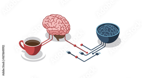 Coffee and brain connection: isometric illustration of mental stimulation
