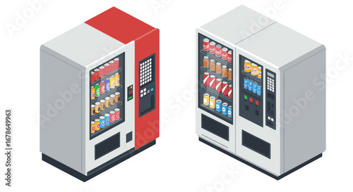 Isometric beverage vending machines with assorted drinks and snacks